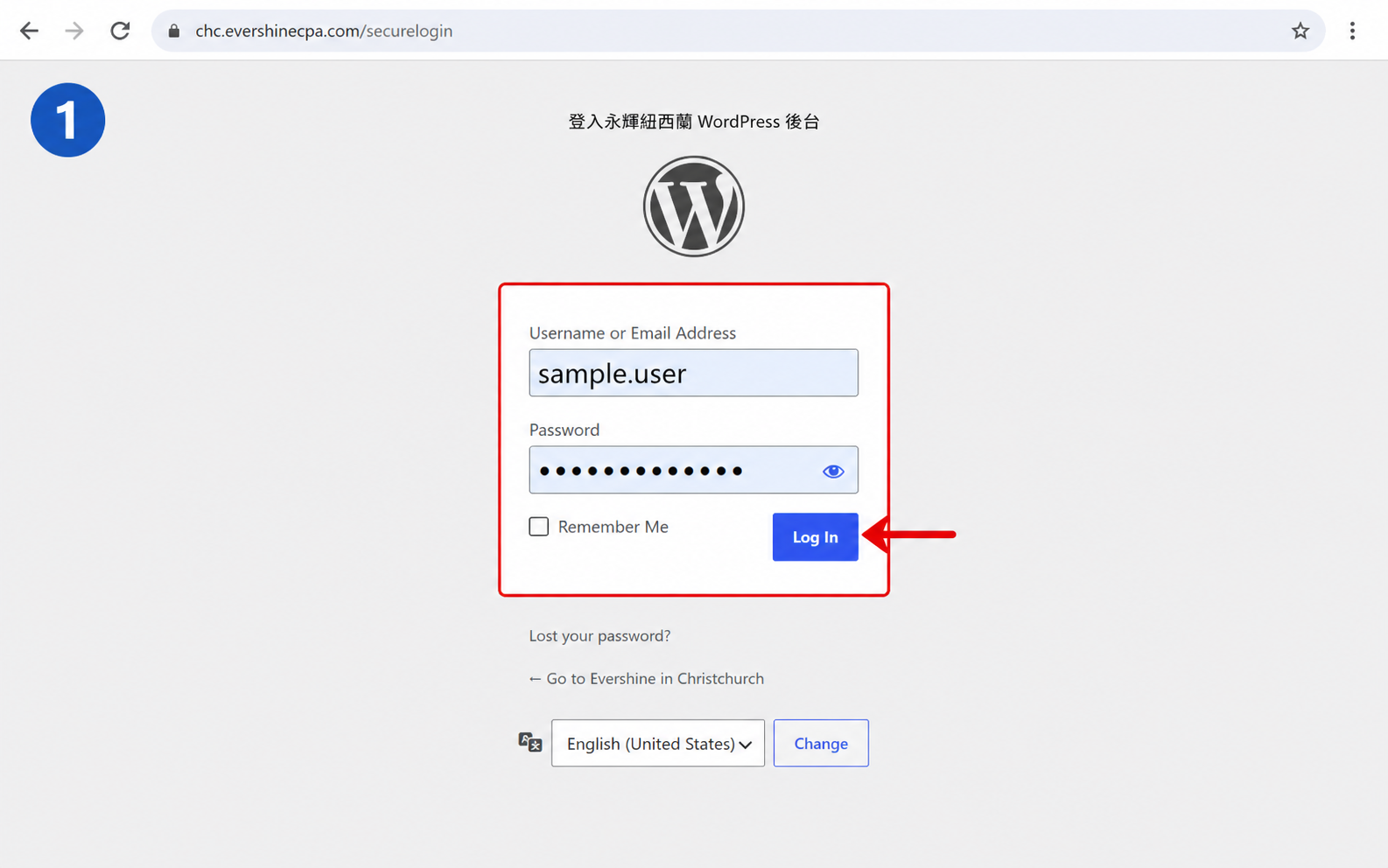 永輝紐西蘭 WordPress 安全登入頁面,登入表單與 Log In 按鈕以紅框和箭頭標示